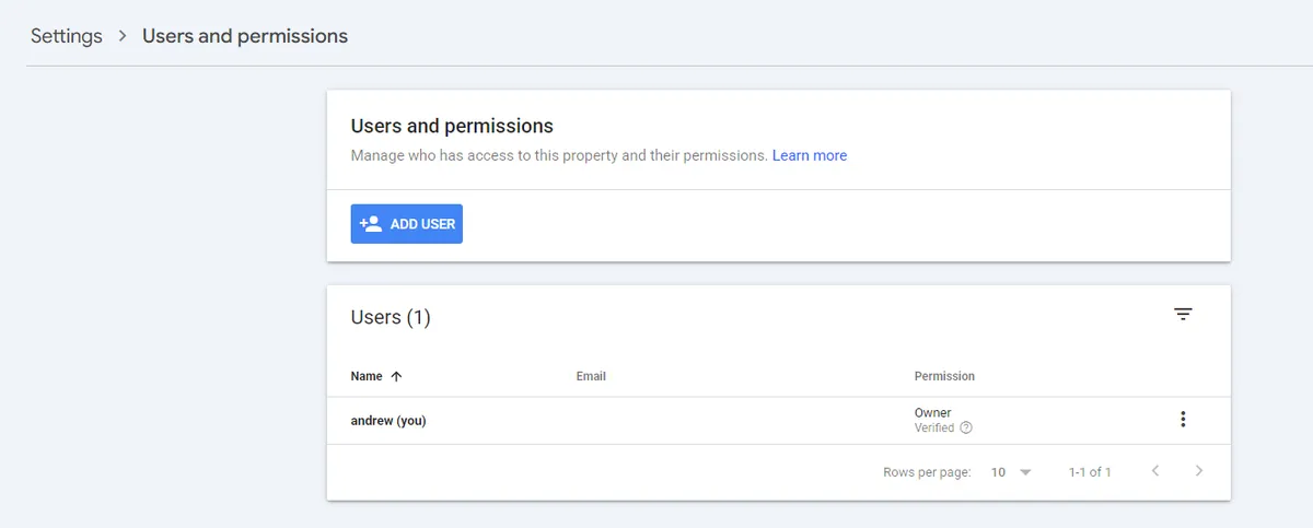 The users and permissions screen for a connected property